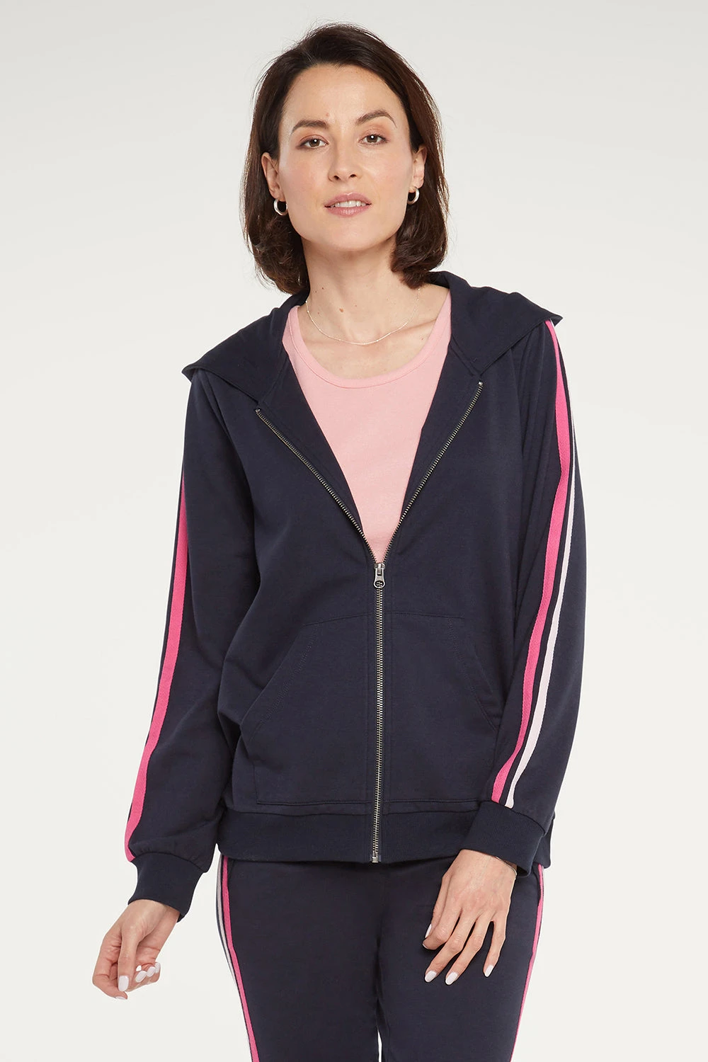 Zip Front Hoodie With Sleeve Stripes - Oxford Navy 1 Zip Front Hoodie With Sleeve Stripes - Oxford Navy