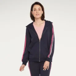 Zip Front Hoodie With Sleeve Stripes - Oxford Navy 13 Zip Front Hoodie With Sleeve Stripes - Oxford Navy -Nydj Apparel Shop MFTL4196 OXNV DPA