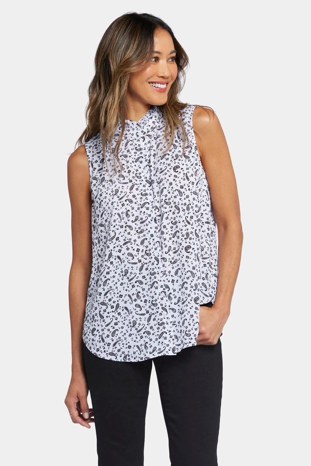 Sleeveless Ruffle Neck Blouse - Martini Paisley 1 Sleeveless Ruffle Neck Blouse - Martini Paisley
