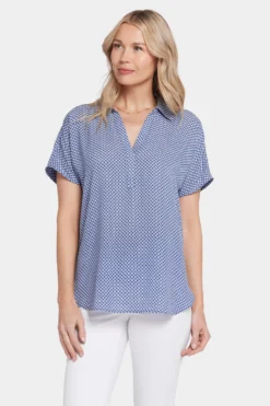 Becky Short Sleeved Blouse - Heritage Geo Prussian Navy