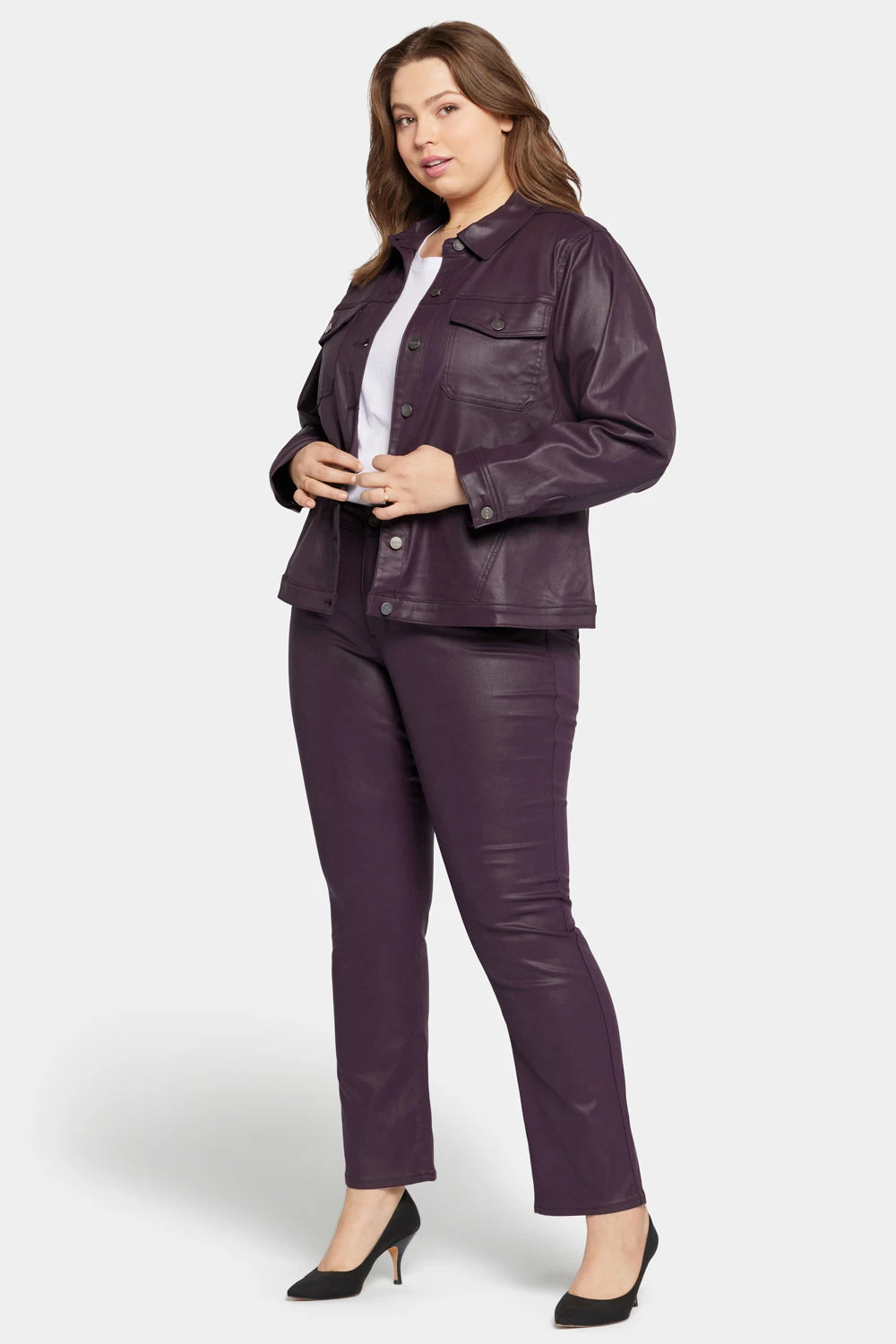 Coated Denim Jacket In Plus Size - Eggplant Coated 3 Coated Denim Jacket In Plus Size - Eggplant Coated - Image 3