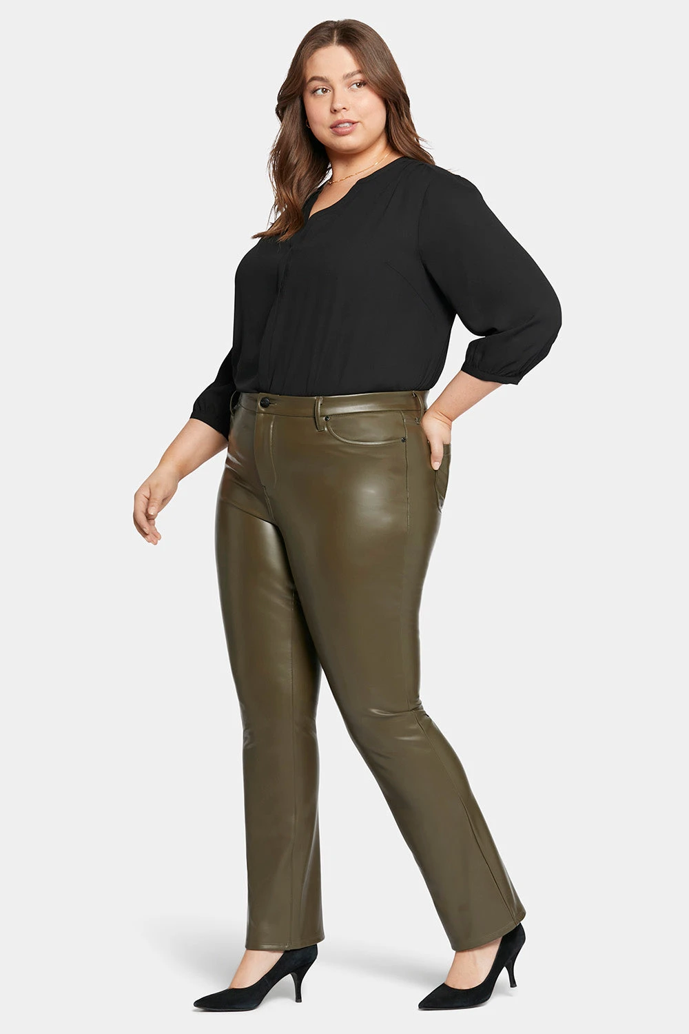 Faux Leather Marilyn Straight Pants In Plus Size - Ripe Olive 5 Faux Leather Marilyn Straight Pants In Plus Size - Ripe Olive - Image 5