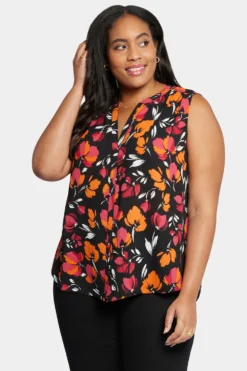 Sleeveless Pintuck Blouse In Plus Size - Tropical Waves