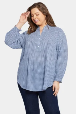 Pleated Front Tunic In Plus Size - Heritage Geo Aviary Blue