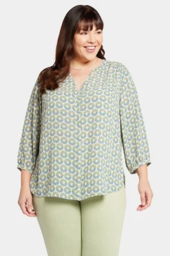 Pintuck Blouse In Plus Size - Blue Blossoms